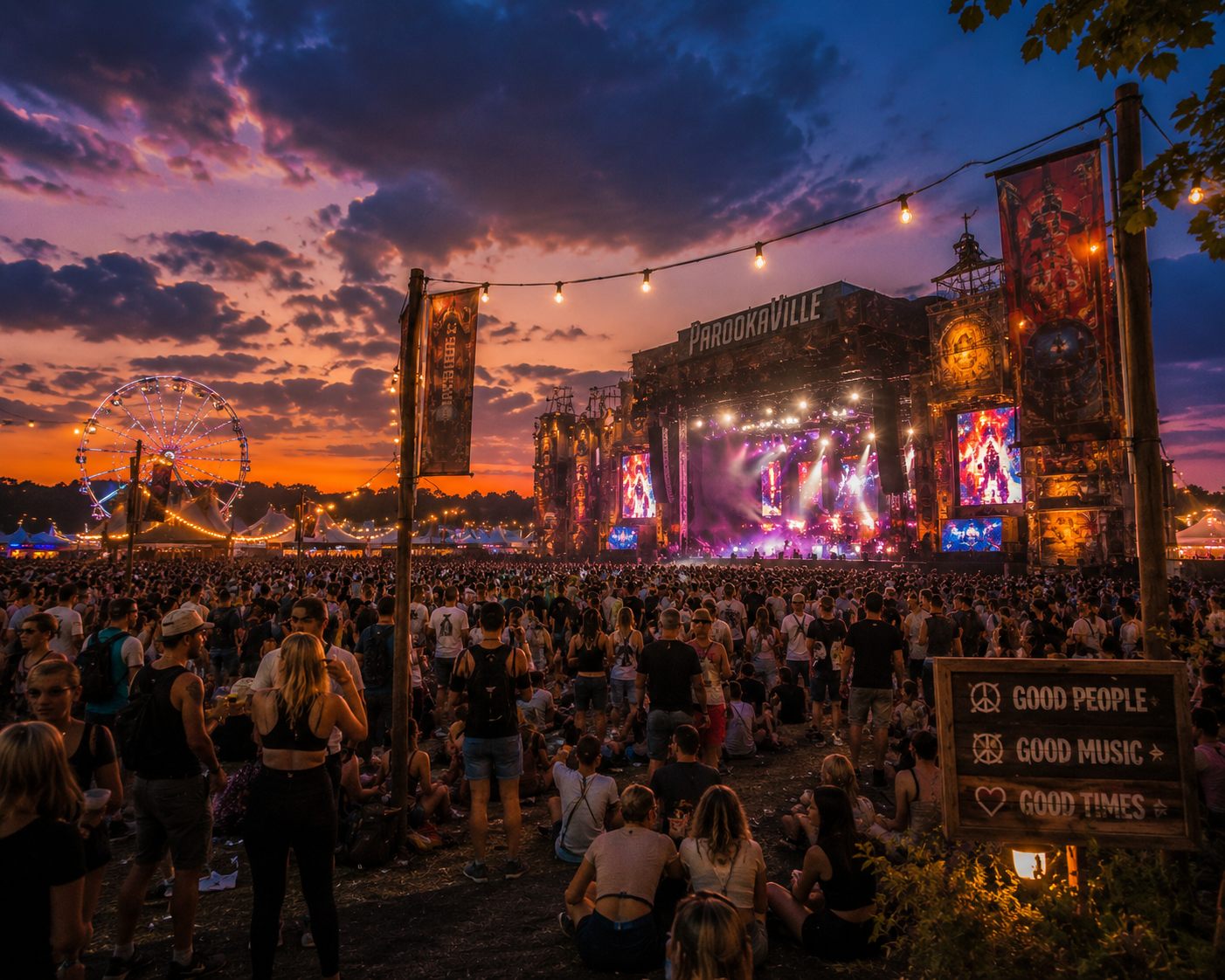 Festivalgelände mit Bühne und Publikum am Abend