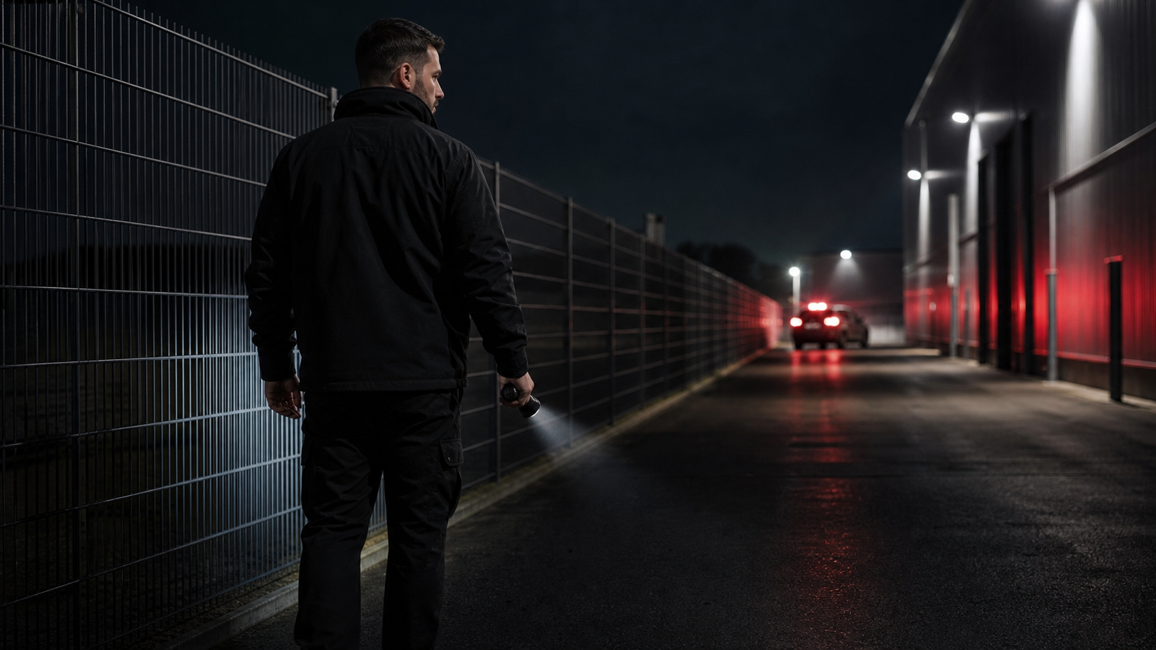 Revierkontrolle auf einem Gewerbegelände bei Nacht